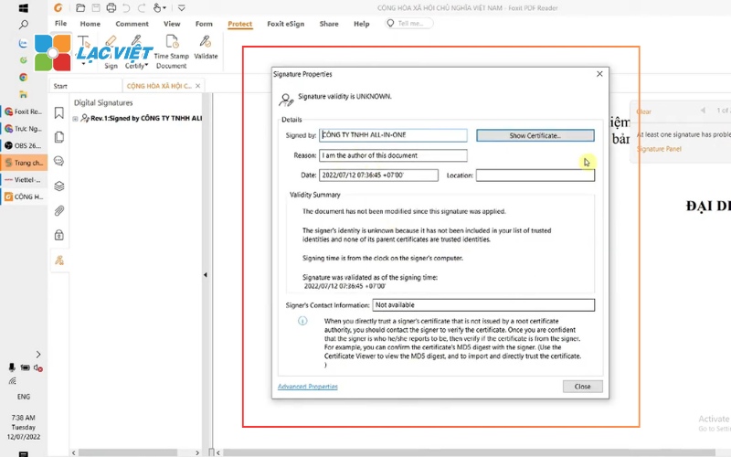 Cách kiểm tra chữ ký số trên file PDF Foxit Reader