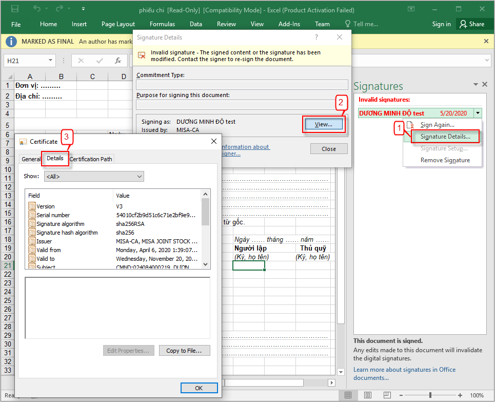 cách ký chữ ký số trên file excel