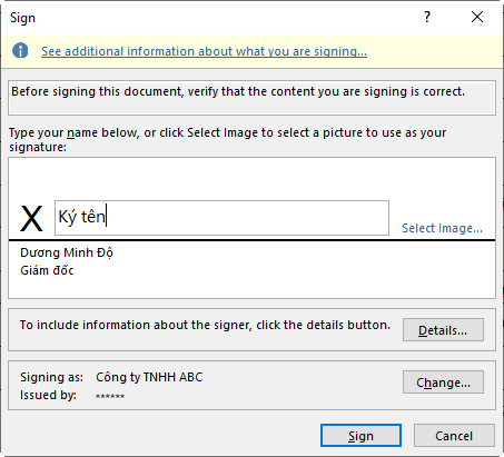 cách ký chữ ký số trên file excel