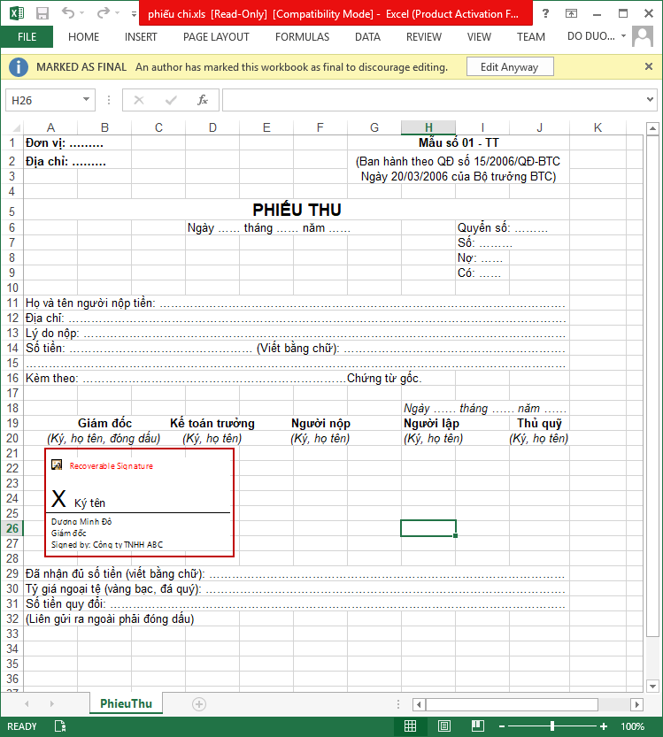 cách ký chữ ký số trên file excel