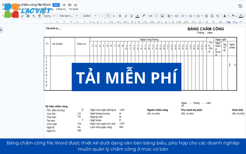 Mẫu bảng chấm công file excel/word