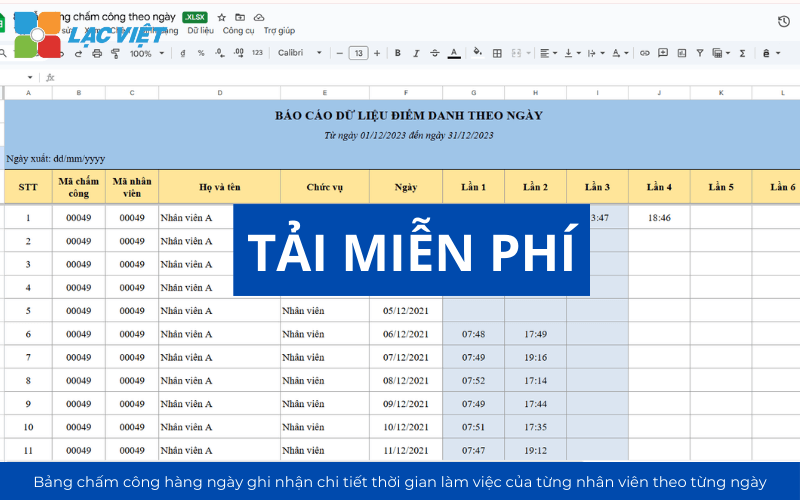 Mẫu bảng chấm công file excel/word