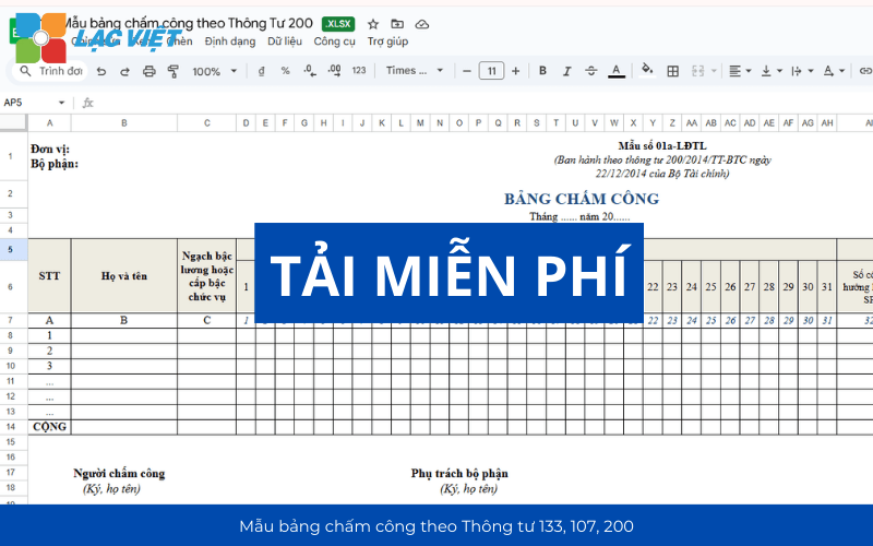 Mẫu bảng chấm công file excel/word