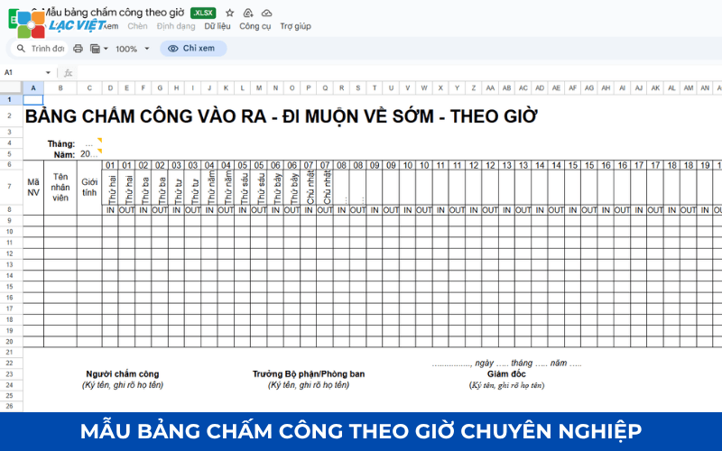 Mẫu bảng chấm công theo giờ file excel