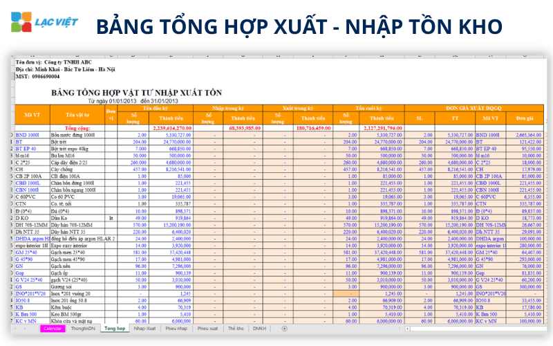 Bảng xuất nhập tồn kho bằng excel