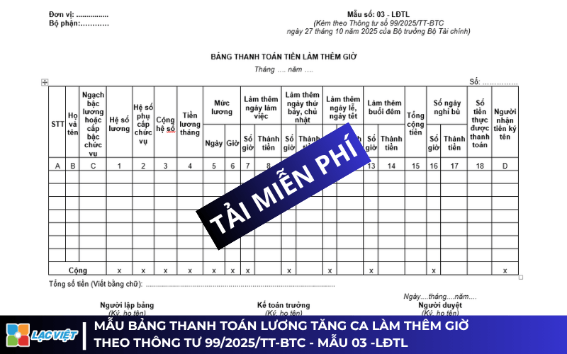 Mẫu thanh toán lương tăng ca theo Thông tư số 99/2025/TT-BTC
