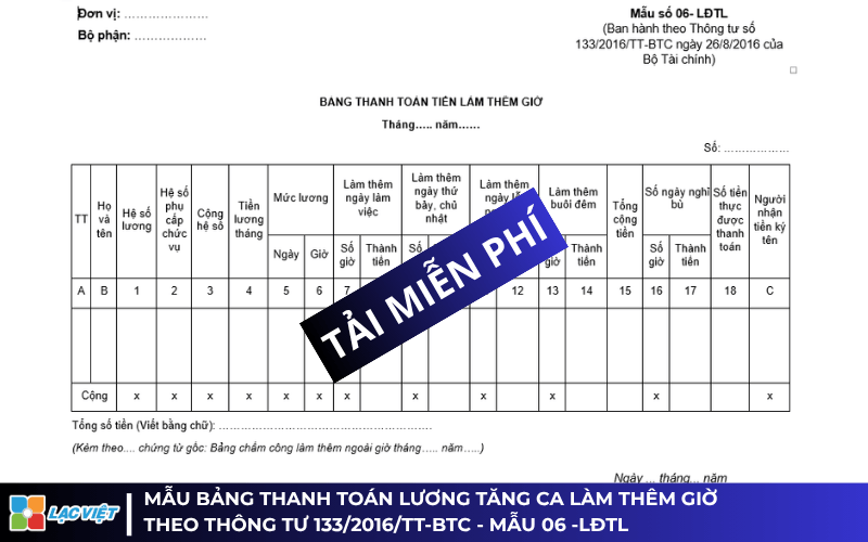 Mẫu thanh toán lương tăng ca theo Thông tư 133 cho doanh nghiệp vừa và nhỏ