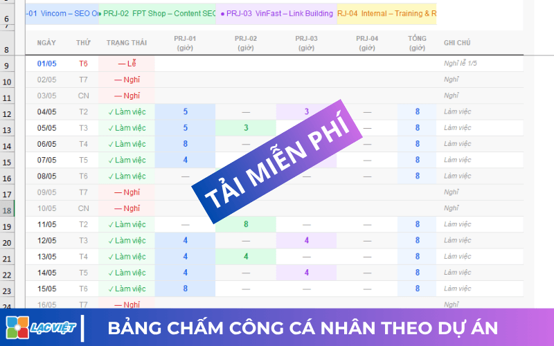 Bảng chấm công cá nhân theo dự án