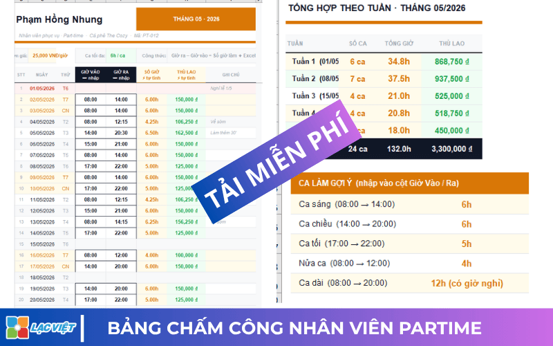 Bảng chấm công cá nhân theo giờ làm việc