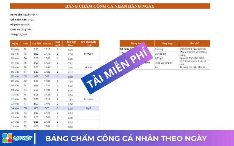 Bảng chấm công cá nhân theo ngày công