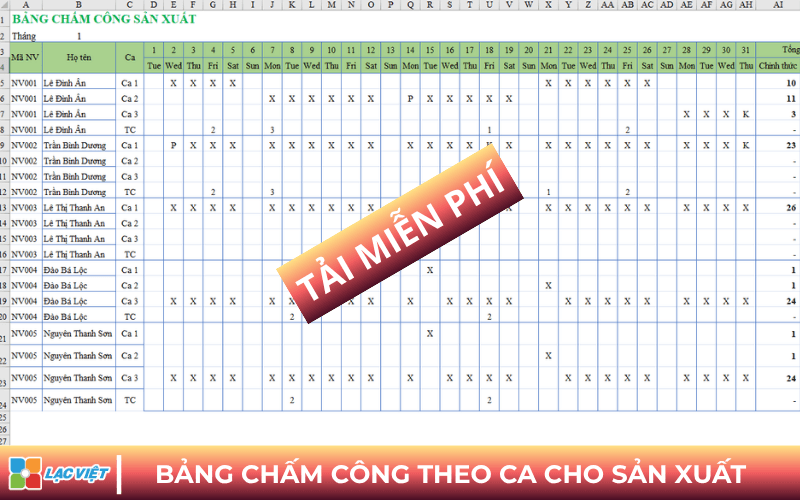 Mẫu bảng chấm công theo ca Excel