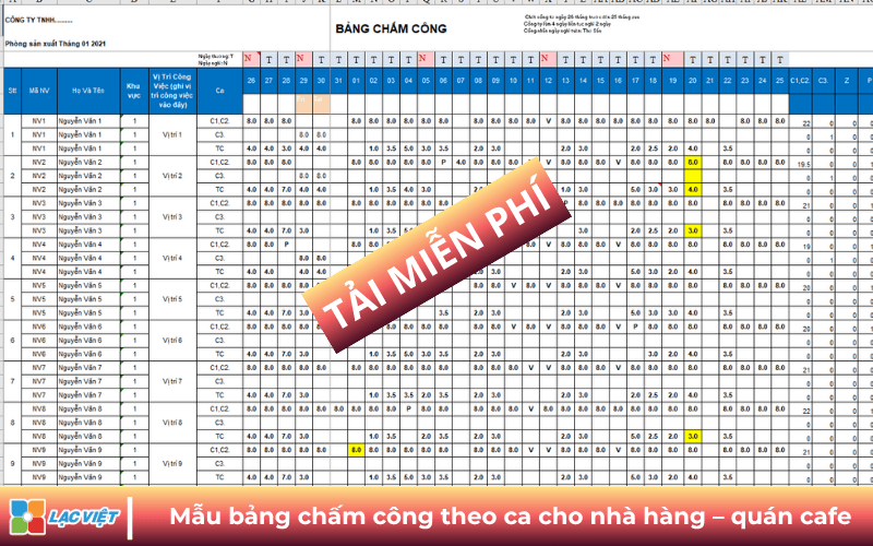 Mẫu bảng chấm công theo ca Excel