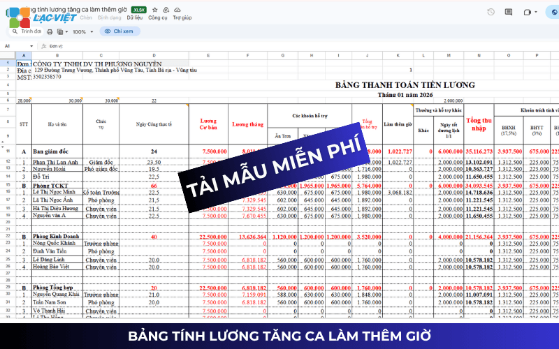 Bảng tính lương tăng ca làm thêm giờ