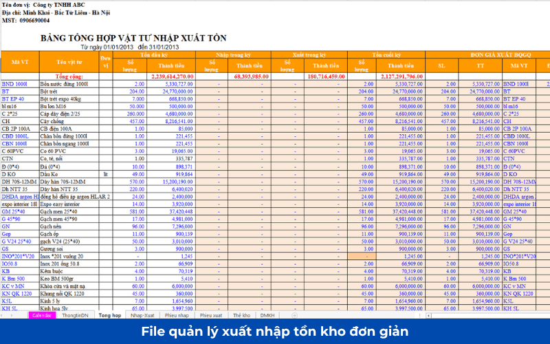 File quản lý kho bằng Excel miễn phí 