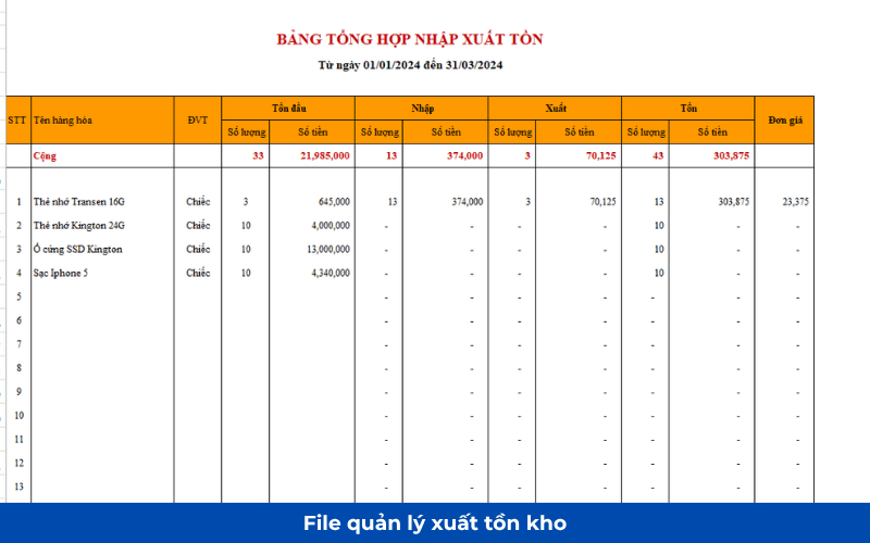 File quản lý kho bằng Excel miễn phí 