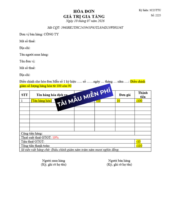 Mẫu hóa đơn điều chỉnh giảm
