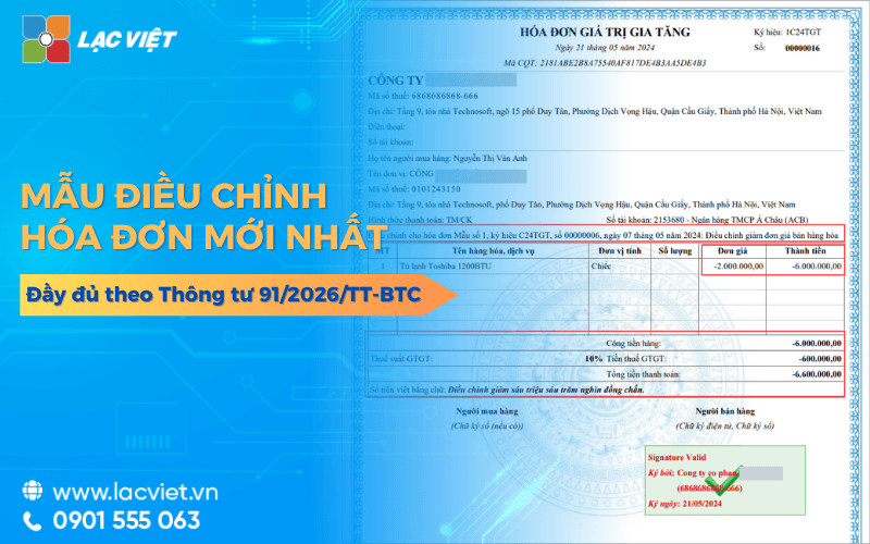 Mẫu hóa đơn điều chỉnh mới nhất theo Thông tư 91/2026/TT-BTC
