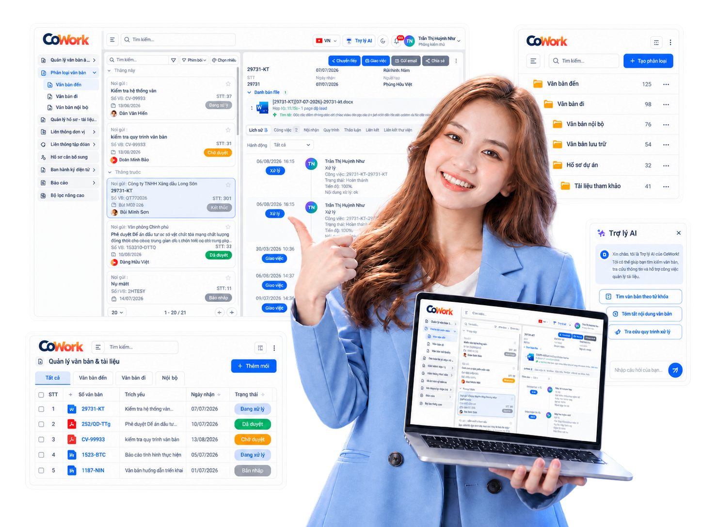 Minh họa CoWork với người dùng, laptop và các khung giao diện quản lý công văn