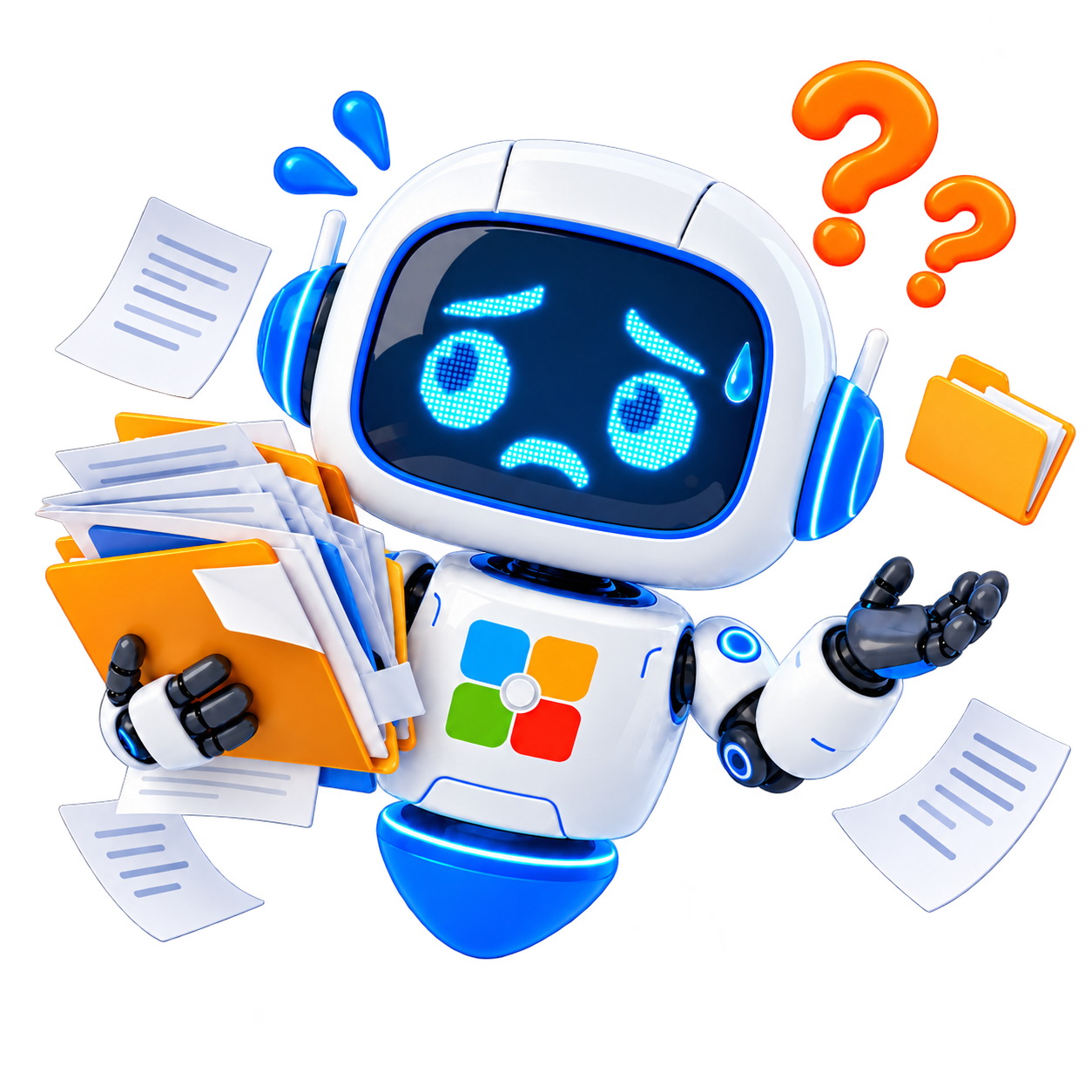 Robot bối rối với tập hồ sơ và tài liệu cần quản lý