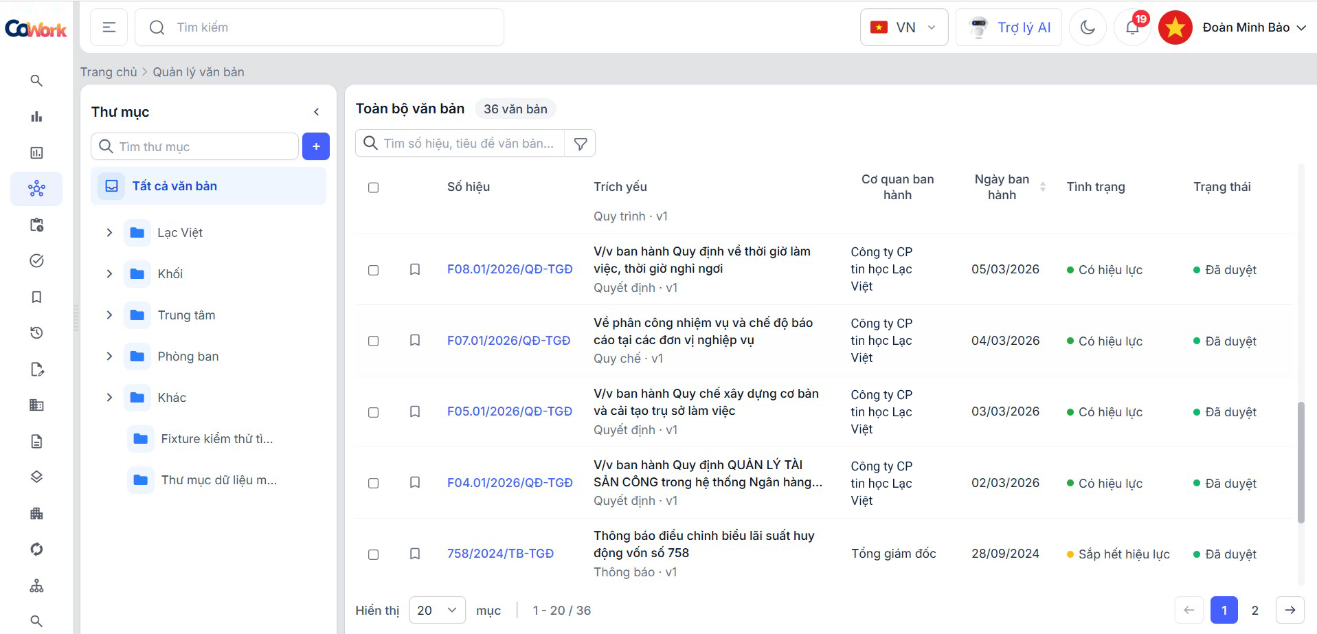 Danh sách văn bản pháp chế trên CoWork Legal được tổ chức theo thư mục và thể hiện tình trạng hiệu lực
