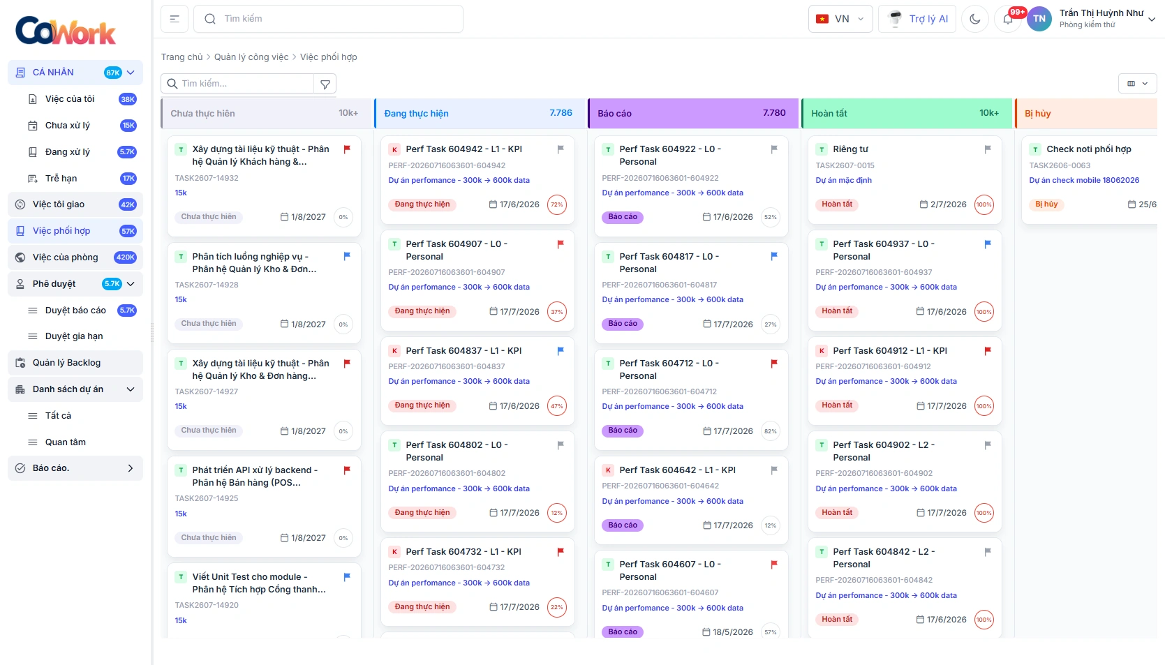 Giao diện CoWork Task: bảng Kanban quản lý nhiệm vụ với trạng thái, mức độ ưu tiên, thời hạn và tiến độ thực hiện