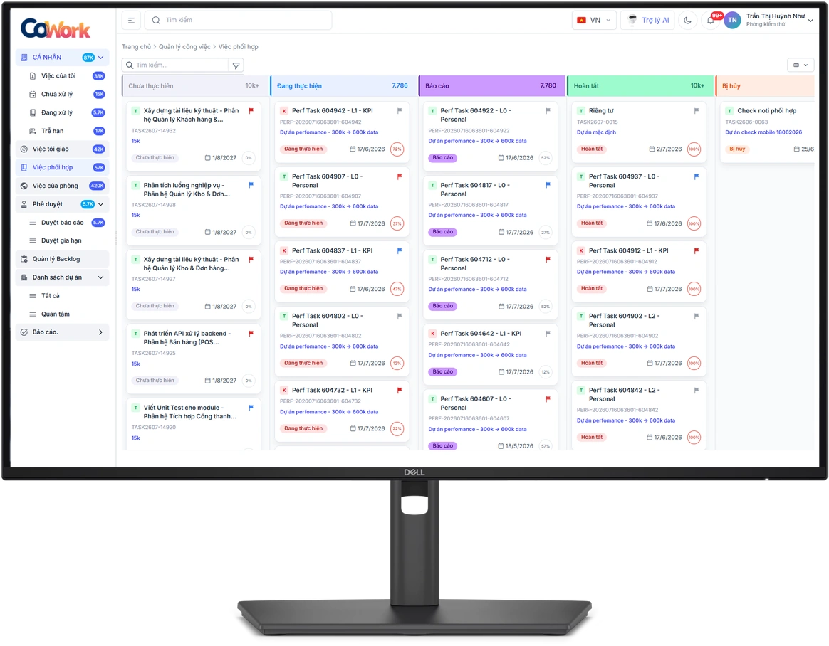 Màn hình CoWork Task từ White Paper: bảng Kanban với nhiệm vụ, mức độ ưu tiên, thời hạn và tiến độ