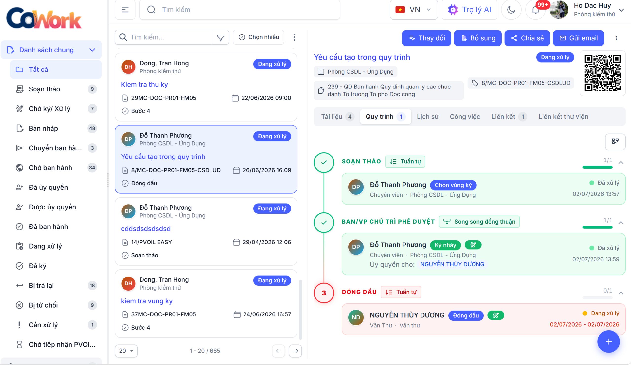 UI CoWork thể hiện người phụ trách, thời hạn, bước soạn thảo tuần tự và bước phê duyệt song song đồng thuận