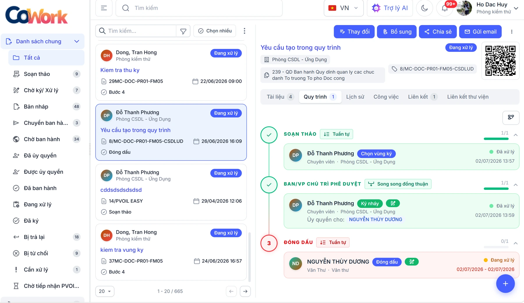 UI CoWork Workflow: danh sách hồ sơ, người phụ trách và các bước soạn thảo, phê duyệt, đóng dấu