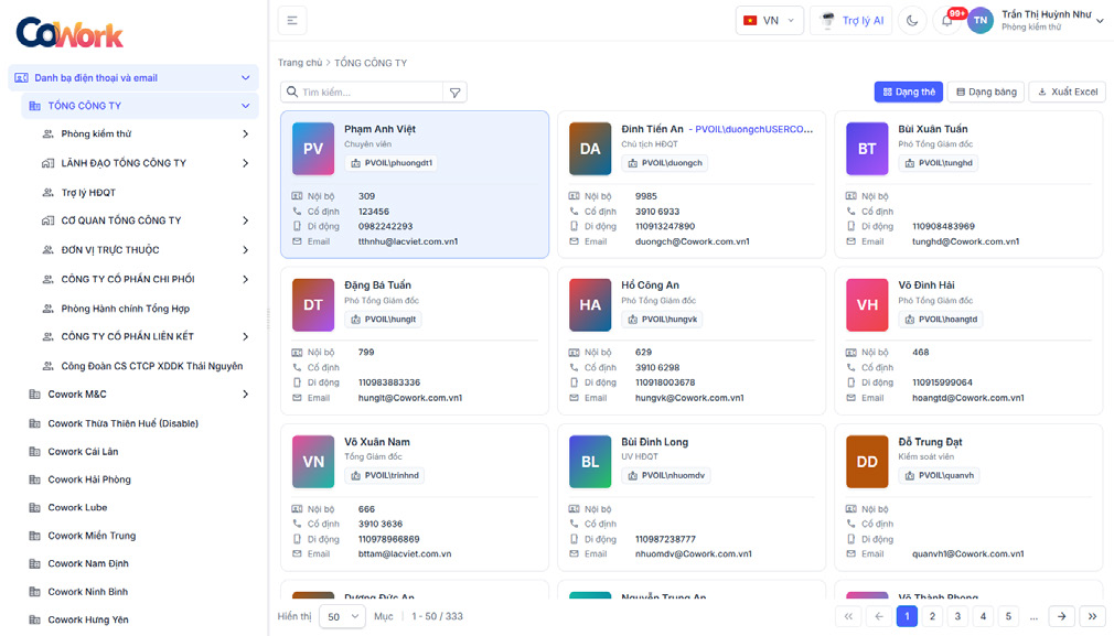 Danh bạ CoWork theo cơ cấu tổ chức, thông tin nhân sự và đơn vị